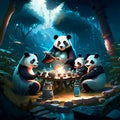 Illustration of a group of panda playing board games in the forest AI Generated