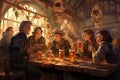 Illustration of a group of people drinking beer in a pub, A group of people drinking beer at the pub\'s brewery restaurant Royalty Free Stock Photo