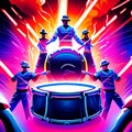 illustration of a group of people playing the drums on a colorful background Generative AI