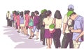 Illustration of crowd of people standing in line in perspective