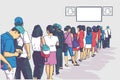 Illustration of crowd of people standing in line in perspective