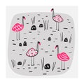 Illustration of group of pink flamingos in the lake. Card, postcard, print, poster, background with funny doodle birds