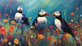 Illustration of a group of puffins in the meadow with flowers. AI Generated Royalty Free Stock Photo