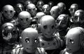 Group of robot heads in black and white