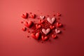 Group of silk red hearts random scatter on red background, creative digital illustration painting