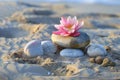 Illustration of  group of stones with a pink water lily on the sand Royalty Free Stock Photo