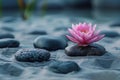 Illustration of  group of stones with a pink water lily on the sand Royalty Free Stock Photo