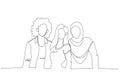 Illustration of group of three friends looking at camera enjoying vacation together. Single continuous line art