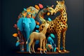 Illustration of a group of wild animals on a dark background. Royalty Free Stock Photo