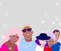 Illustration group of young people from different race partying and making selfie. Portrait of smiling young friends walking outdo