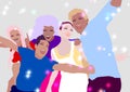 Illustration group of young people from different race partying and making selfie. Portrait of smiling young friends walking outdo