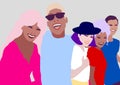 Illustration group of young people from different race partying and making selfie. Portrait of smiling young friends walking outdo