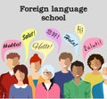 Illustration of a group of young people with speech clouds of different foreign languages.