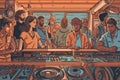 Illustration of a group of young people standing in front of a DJ booth, watching a famous DJ spin records and mix tracks,