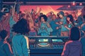 Illustration of a group of young people standing in front of a DJ booth, watching a famous DJ spin records and mix tracks,