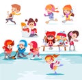 Illustration with groups of cute cartoon kids playing in winter park. Royalty Free Stock Photo