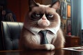 Illustration of grumpy cat at the office. Animal wearing business attire. Image created with Generative AI technology Royalty Free Stock Photo