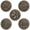 Grunge Metal Crytocurrency Coins Set, XRP, XLM, QNT, DAG, HBAR Royalty Free Stock Photo