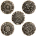 Grunge Metal Crytocurrency Coins Set, SIA, IOTA, ADA, CHAIN & ANKR