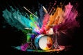 Illustration of Guitars and Drums with Vibrant Rainbow Paint Energy, Generative Ai Royalty Free Stock Photo