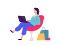 Illustration of a guy in a chair with shopping. Vector. Positive flat illustration in cartoon style. Discounts and sales. Royalty Free Stock Photo