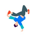 Illustration of a guy dancing upside down. Vector. A young dancer is standing on one arm. Flat style. Image isolated on a white ba