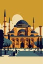 Illustration of Hagia Sophia domes and minarets in the old city of Istanbul