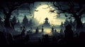 illustration of Halloween atmosphere in a night cemetery with a big full moon Royalty Free Stock Photo