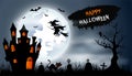 Halloween background with cemetery, bats and castle