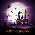 Halloween background with fly witch and scary church on graveyard Royalty Free Stock Photo