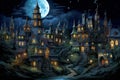 Halloween background with haunted castle and full moon,  Fantasy landscape Royalty Free Stock Photo