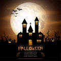 Halloween background with pumpkins and scary church on graveyard Royalty Free Stock Photo