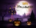 Halloween background with pumpkins and scary church on graveyard Royalty Free Stock Photo