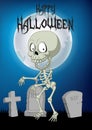 Halloween background with skeleton walking in the cemetery