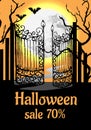 Illustration for halloween. Black silhouettes of an old gate on an orange background with moon and trees. Vector party invitation Royalty Free Stock Photo