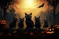 Illustration of Halloween concept with cats ,pumpkins and haunted house in background Royalty Free Stock Photo