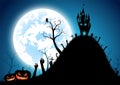 Illustration halloween festival background,full moon on dark night with zombie hand up from the grave Royalty Free Stock Photo