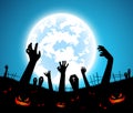 Illustration halloween festival background,full moon on dark night with zombie hand up from the grave Royalty Free Stock Photo