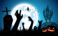 Illustration halloween festival background,full moon on dark night with zombie hand up from the grave Royalty Free Stock Photo