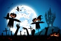 Illustration halloween festival background,full moon on dark night with zombie hand up from the grave and scarecrow Royalty Free Stock Photo