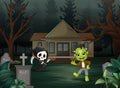 Happy halloween frankenstein and grim reaper in front of the house Royalty Free Stock Photo