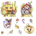 Illustration for the Halloween holiday, a bright set of fairy houses, pumpkins, autumn leaves .