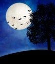 Illustration of Halloween moon over desolate landscape with a lonely tree and bats flying in the sky Royalty Free Stock Photo