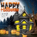 Halloween night background with church and scary pumpkins Royalty Free Stock Photo