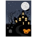Illustration of halloween poster with full moon, tree, bat, pumpkin and label Happy Halloween. Royalty Free Stock Photo