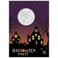 Illustration of halloween poster with full moon, tree, bat, pumpkin and label Happy Halloween. Halloween party inspiration design Royalty Free Stock Photo