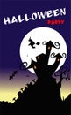 Halloween poster or banner with scary witch,grave and haunted castle