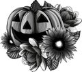 monochromatic illustration of halloween pumpkin with flower