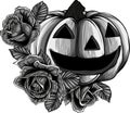 monochromatic illustration of halloween pumpkin with roses