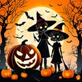 illustration of halloween pumpkins with two witch girls and bats